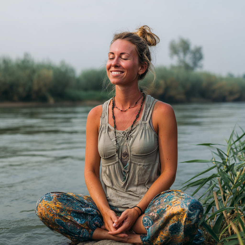 Tapasztalt európai megjelenésű jóga oktató meditációs pozícióban, békés arckifejezéssel, természetes stúdió környezetben